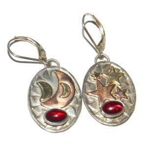 Vintage G.F Sterling Silver 3 Tones Moon Stars  Earrings w/ Red Stones